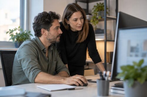 Dos personas observan una pantalla de ordenador en una oficina.