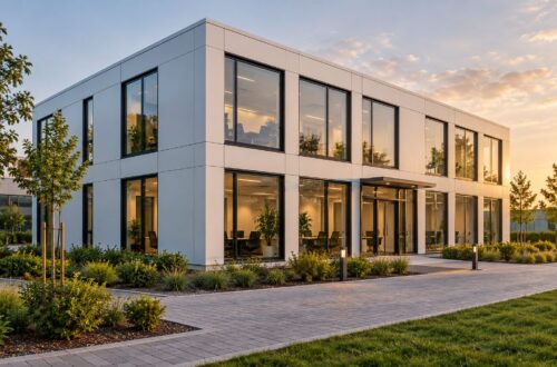 Edificio de oficinas de dos plantas con fachada modular clara, grandes ventanales y acceso ajardinado.