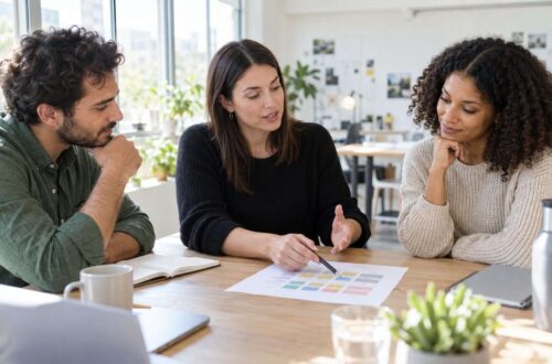 Responsable de formación conversa con dos compañeros sobre capacidades